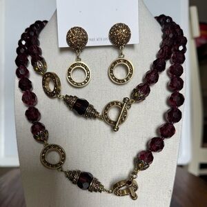HEIDI DAUS SET OF 2 Burgundy Purple TOGGLE Necklaces with Earrings